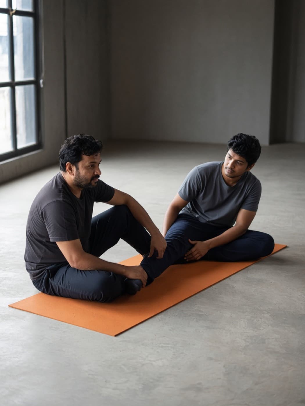 Coach and client stretching in a quiet studio