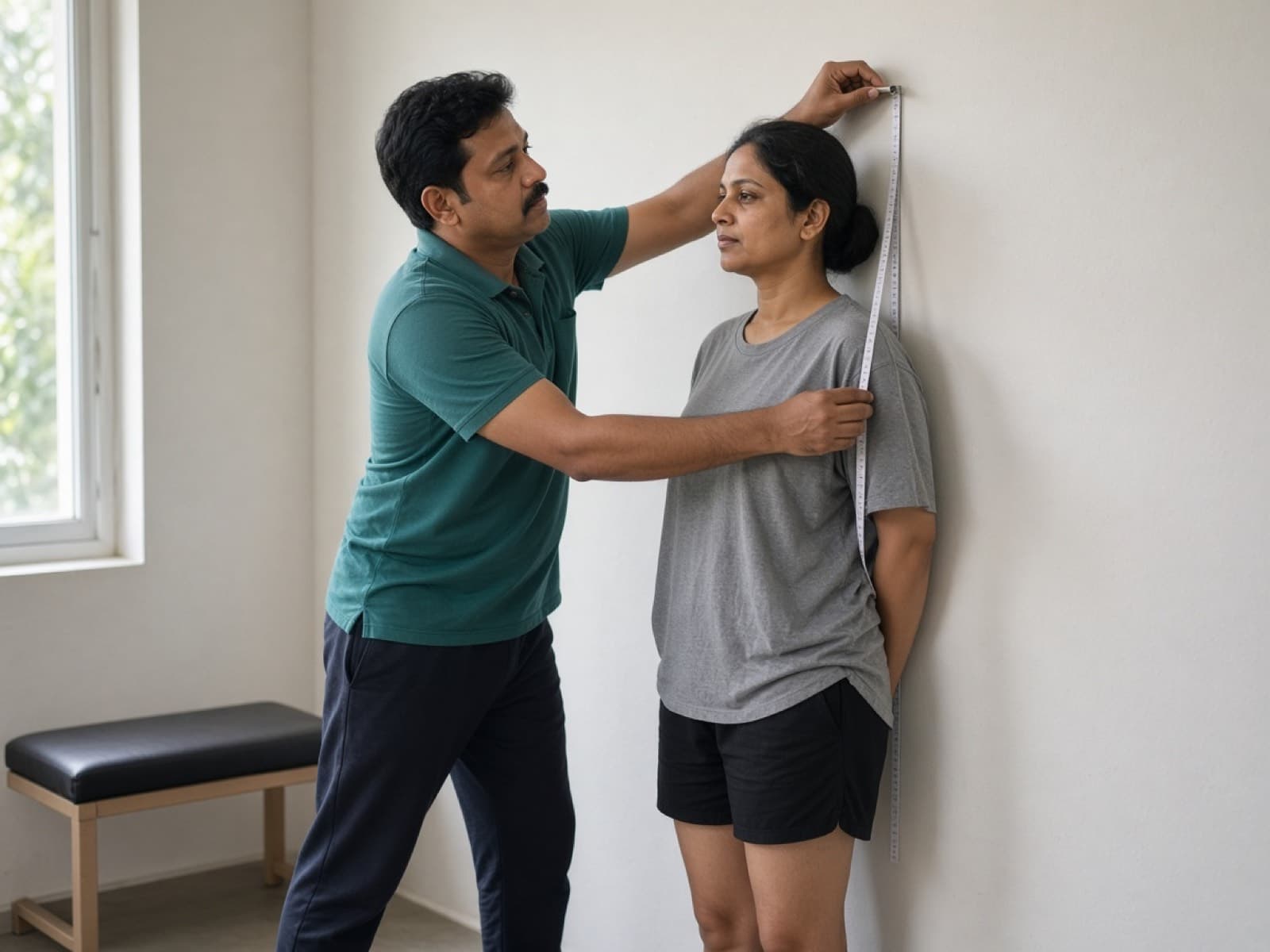 Coach measuring a client's height against a wall