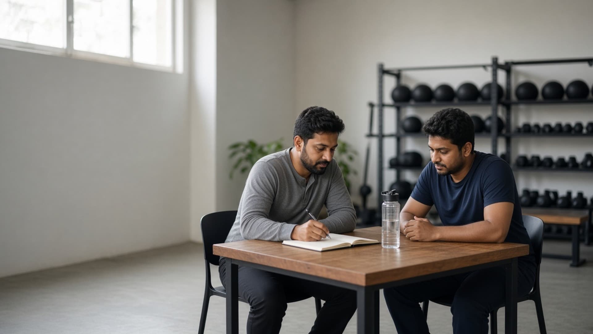 Coach and client reviewing a training plan