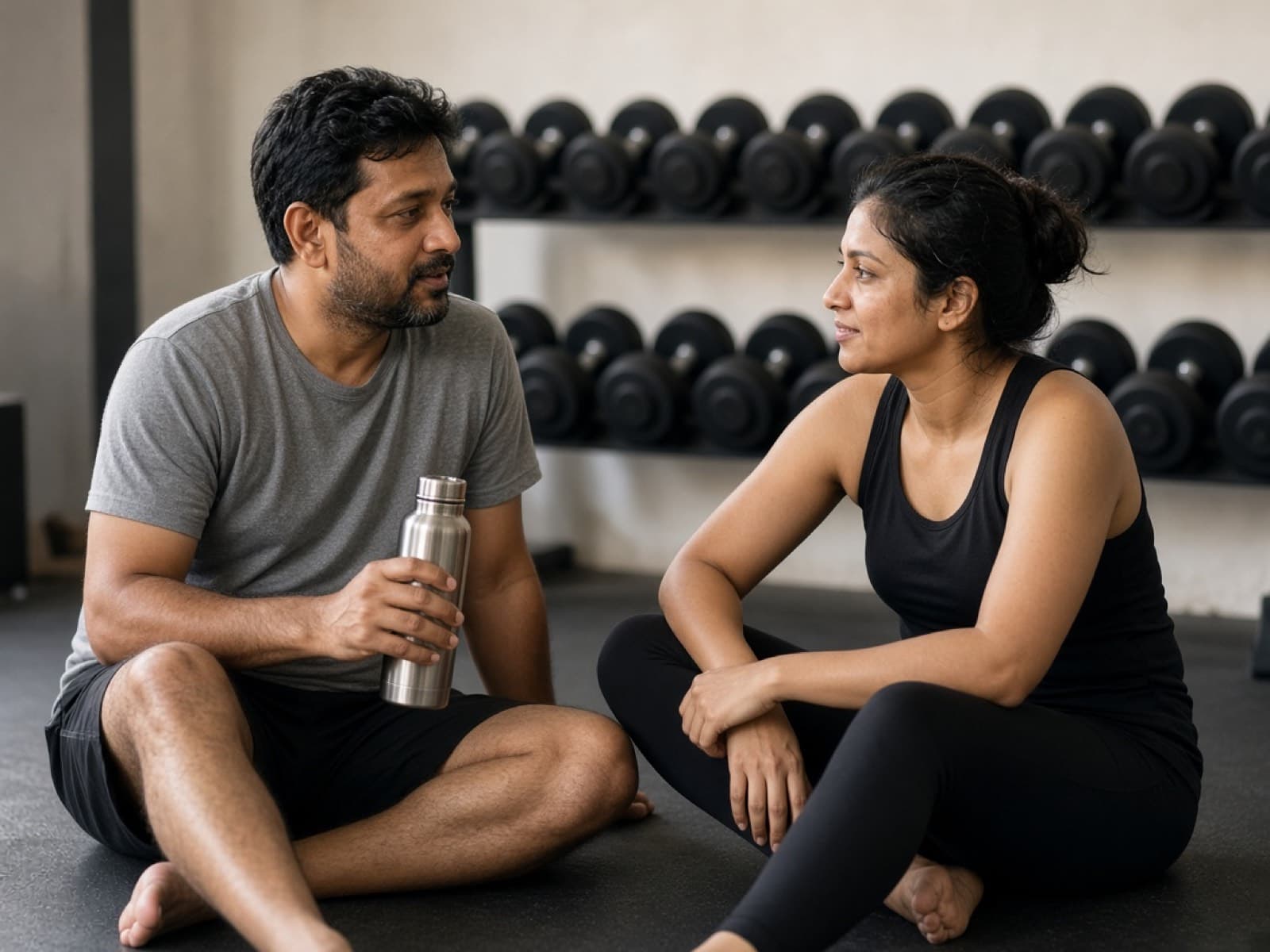 Coach and client talking between sets