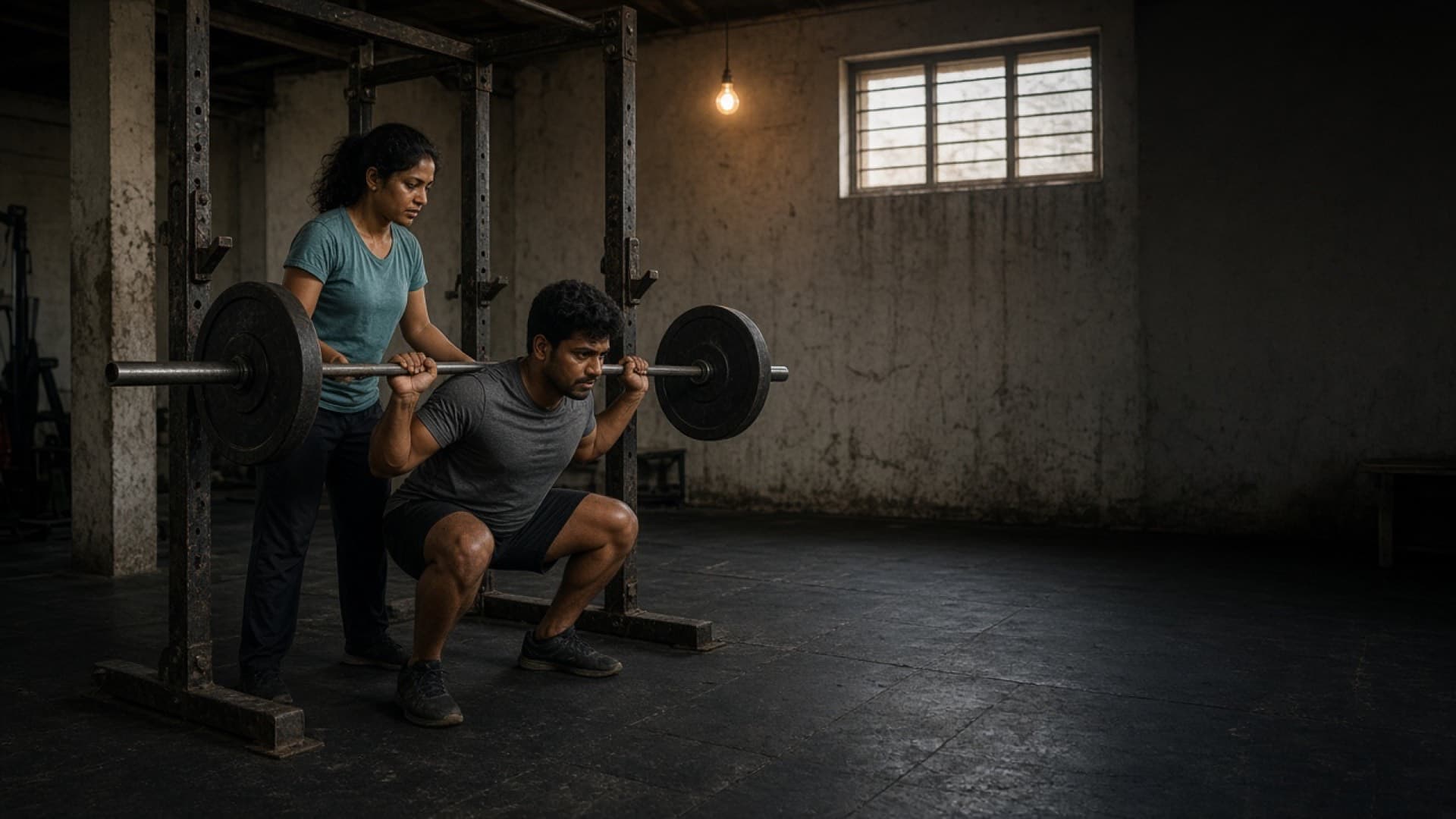 Coach spotting a squat in a neighbourhood gym